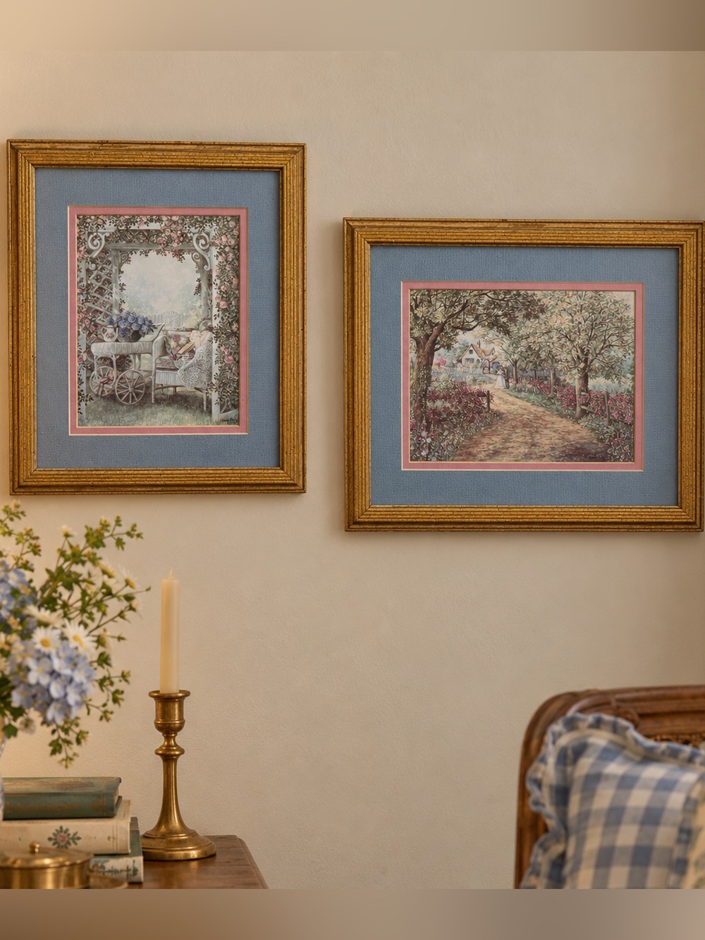 Framed Cottage Garden Wall Art Set of 2 in Blue, pink, and Gold